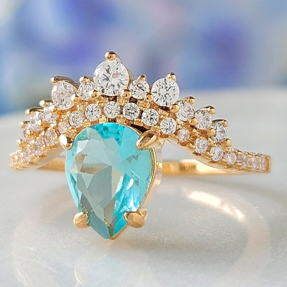 Blue and Teal tourmaline Pear Gemstone ring, 925 Sterling Silver Charmed Aroma